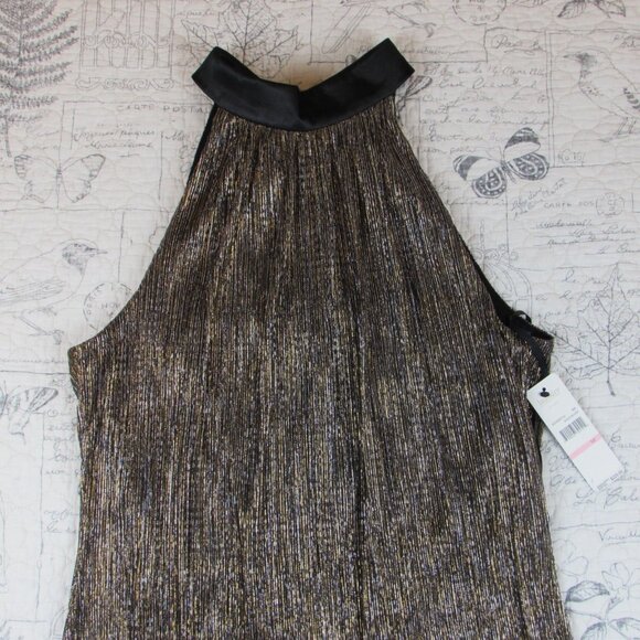 NEW $225 Laundry by Shelli Segal Metallic Gold Sleeveless Dress Back Bow Neck 10 - Picture 5 of 10